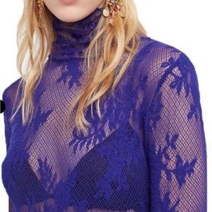 Discontinued FREE PEOPLE Sweet Secrets Sheer Lace Turtleneck Top in vivid blue